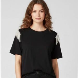 Joie Black TShirt With Pearls Sz. L NWOT